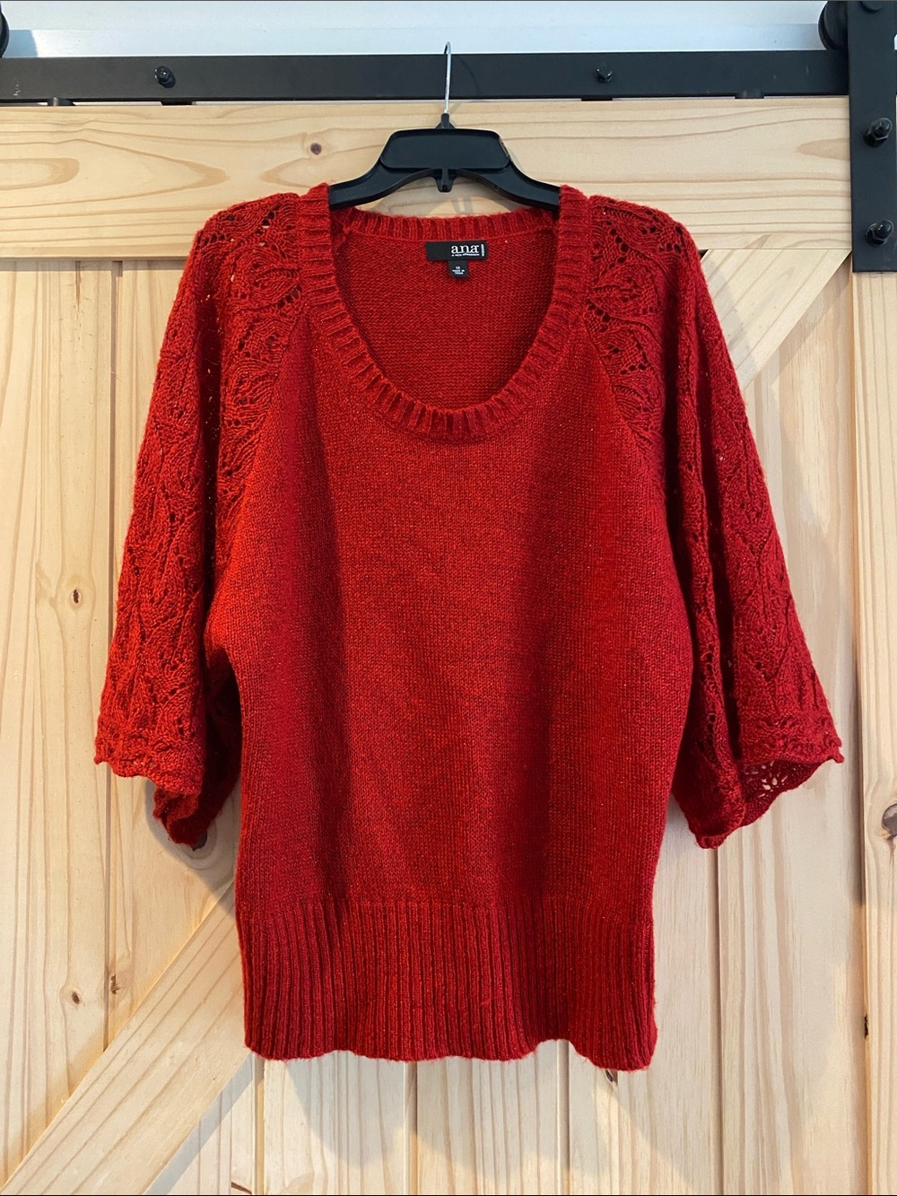 a.n.a Red Scoop Neck Knit Sweater with Lace-Pattern Sleeves